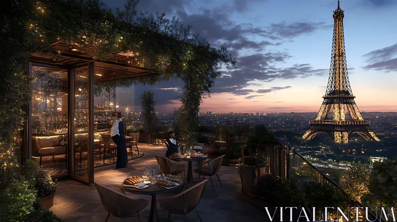 Twilight Rooftop Restaurant Overlooking the Eiffel Tower AI Image