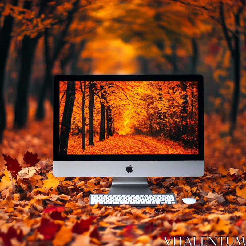 iMac Displaying Autumn Forest Path Surrounded by Leaves AI Image