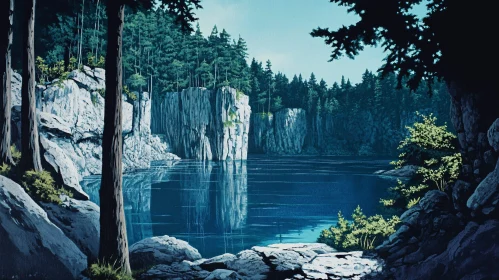 Tranquil Lake Reflection Amidst Forested Cliffs