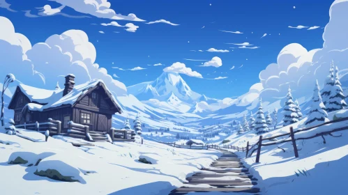 Anime Art Style Winter Landscape with Snow-Covered House