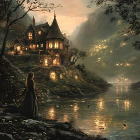 Woman by River Gazing at House