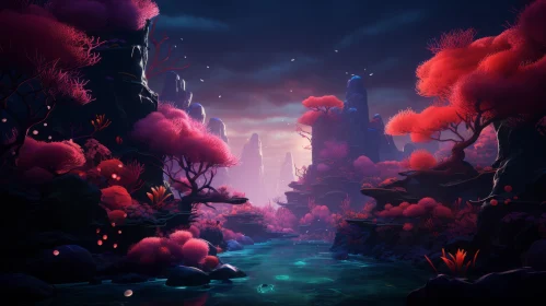 Captivating Nature Art: Pink Tree, River, and Mushrooms