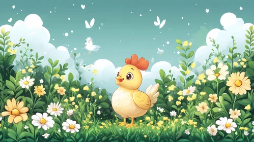 Happy Cartoon Hen in a Floral Paradise