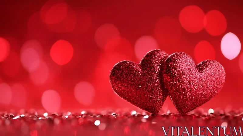 Two Glitter Hearts on Red Bokeh Background AI Image