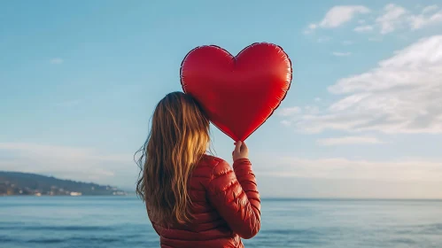 Girl with Red Heart Balloon on Beach