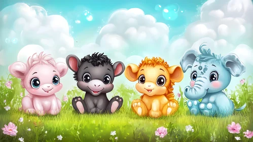 Cute Baby Animals in a Flower Field