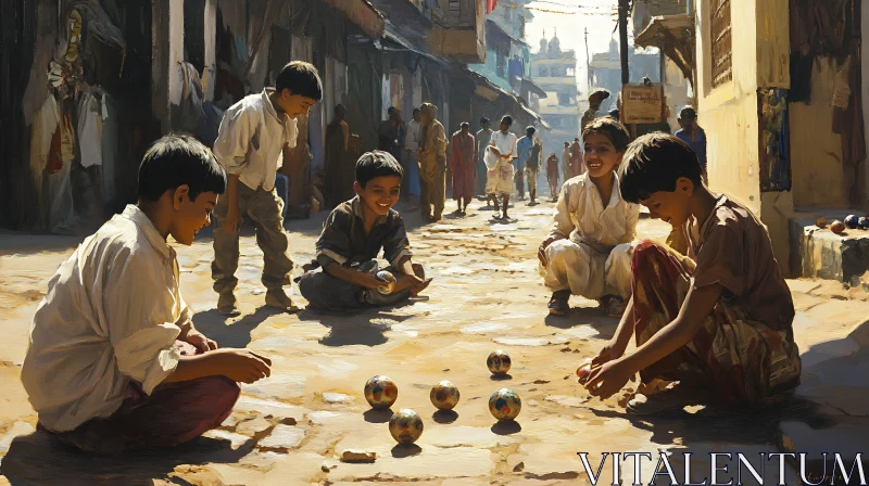 Boys Playing Marbles on Dusty Street AI Image