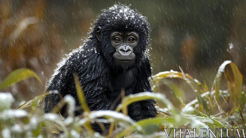 Gorilla Sitting in Rainy Forest AI Image