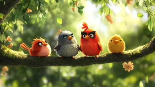 Whimsical Birds Perched on Tree Branch