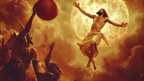 God leaping towards the sky with a basketbal: Celestial Game