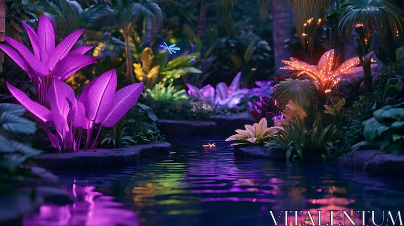 Fantasy Nighttime Garden with Luminous Flora AI Image