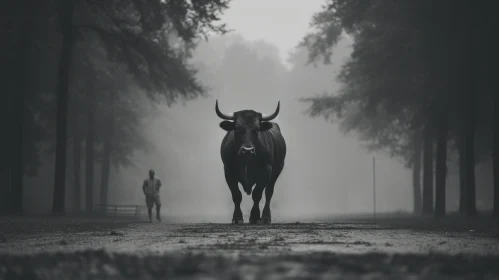 Foggy Forest Bull - A Monotone Street Photography Masterpiece