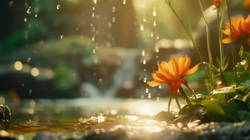 Orange Flowers and Water: A Serene Morning Scene
