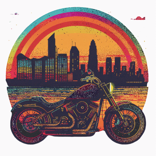 POD Design Retro Motorcycle Illustration with Rainbow City Skyline