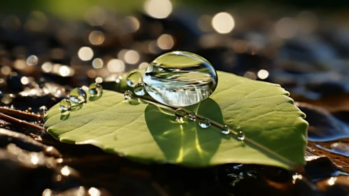 Sunlit Water Droplet on Leaf - A Study in Nature's Elegance