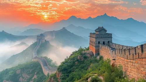 Sunset over the Majestic Mountains of the Great Wall of China