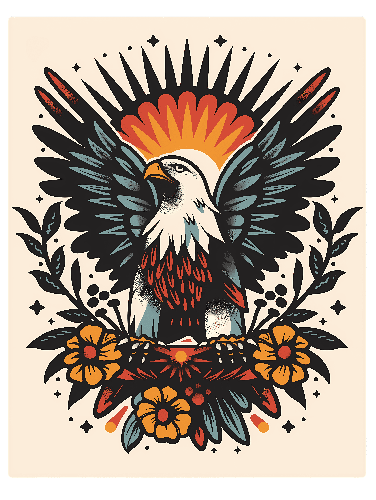 Traditional Tattoo Style Eagle Illustration with Floral Branch POD Design