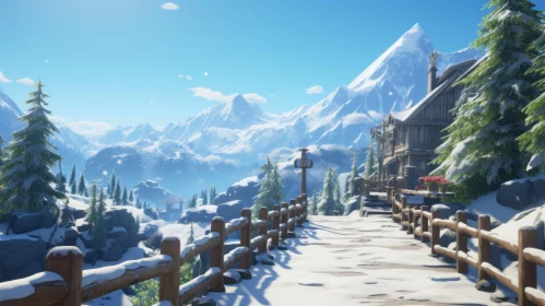Winter Village Scene with Snowy Mountains and Realistic Blue Skies