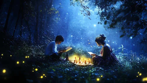 Children's Chess Game Under Moonlight