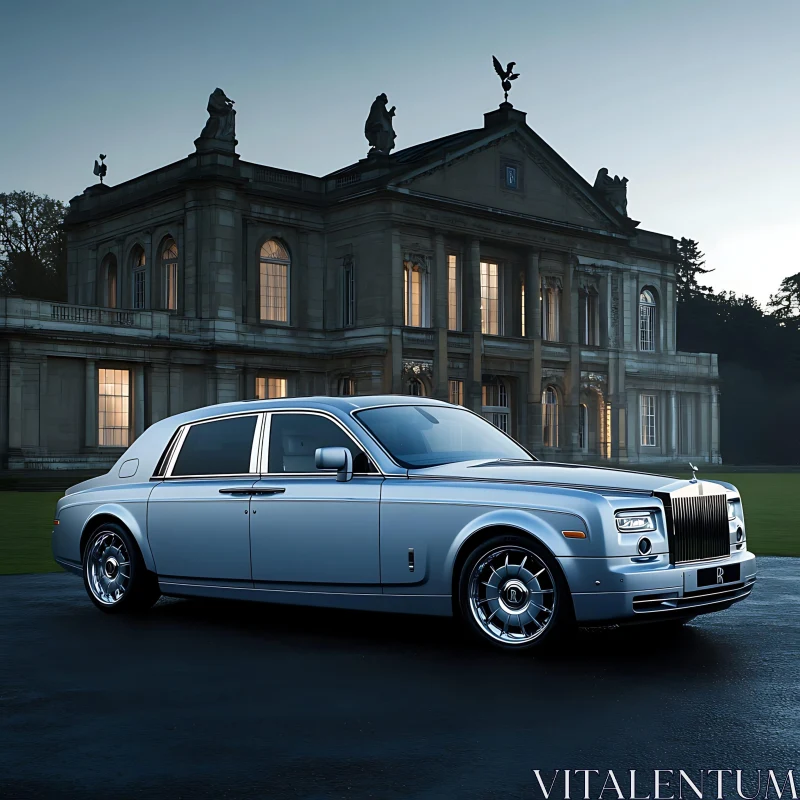 Classic Luxury Car with Illuminated Mansion Background AI Image