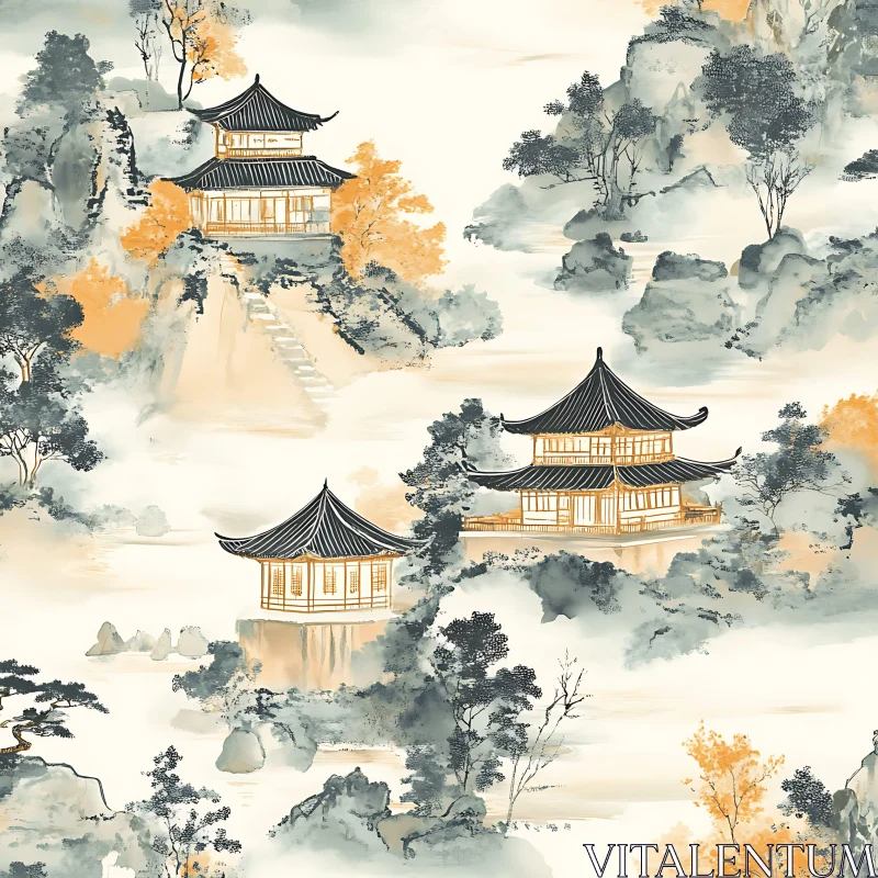 Mountain Temples in Ink Wash Style AI Image