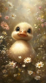 Fluffy Duckling in a Blooming Meadow