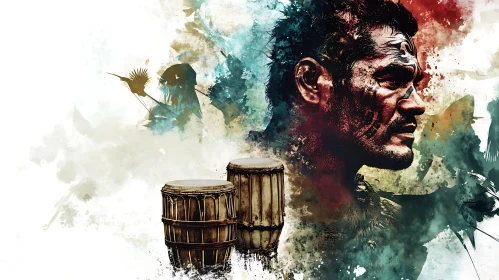 Tribal Man and Drums Artistic Composition