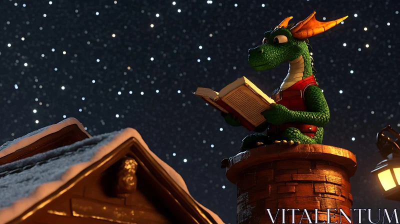 AI ART Whimsical Dragon Reading on Chimney Top