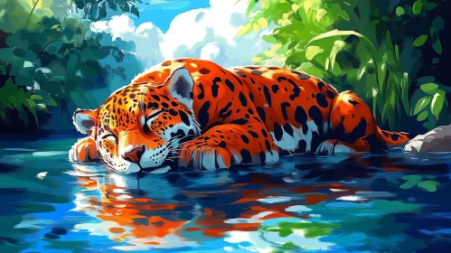 Peaceful Leopard in Jungle by the Water