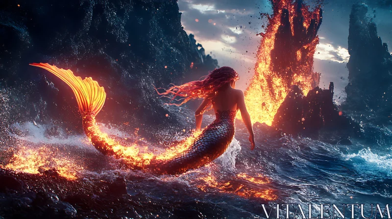 Mythical Mermaid Among Volcanic Eruptions AI Image