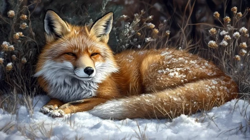 Snow-Covered Fox Relaxing