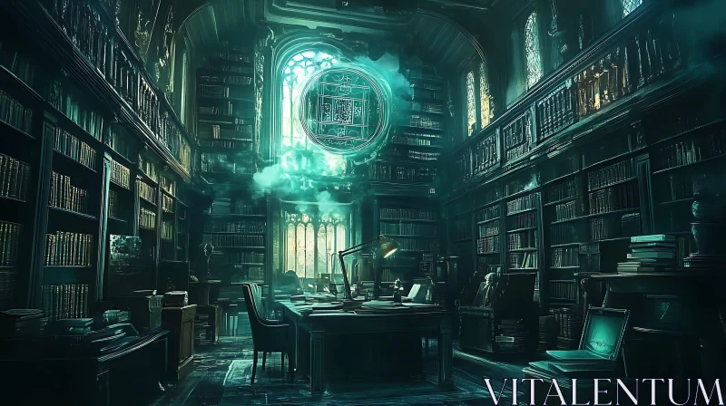 AI ART Old Magic Library with Books and Desk