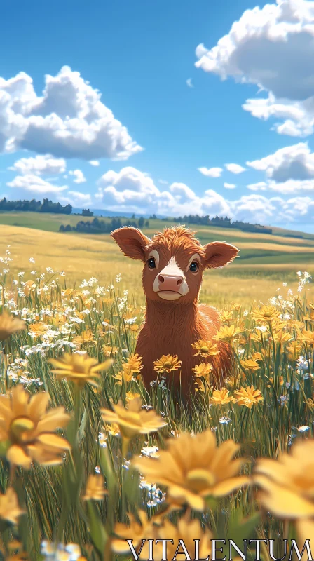 AI ART Young Calf in a Sunny Field