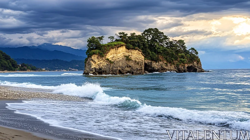 AI ART Coastal Island with Waves and Dramatic Sky