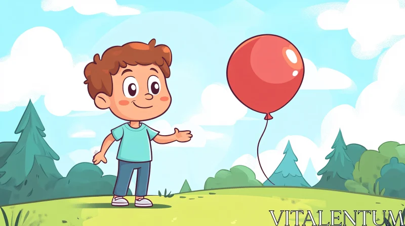 Cartoon Boy and Red Balloon Art AI Image