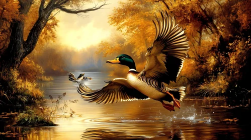 Waterfowl Taking Off in Autumnal Setting