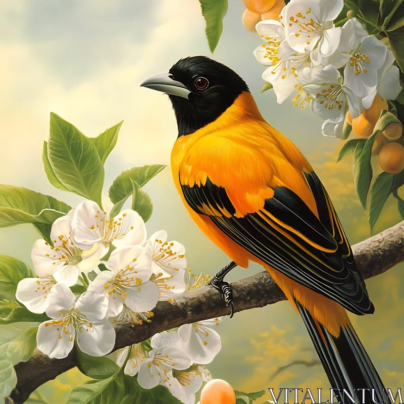 Vibrant Oriole on Blossoming Branch AI Image