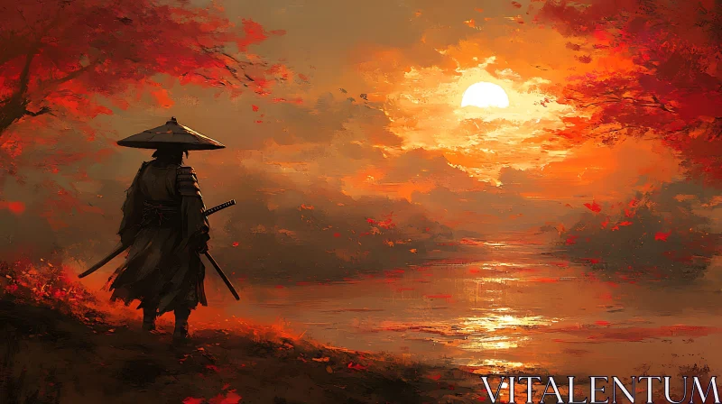 AI ART Lone Samurai at Sunset