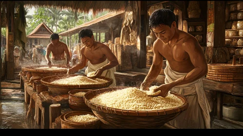 Asian Men Preparing Food Traditionally