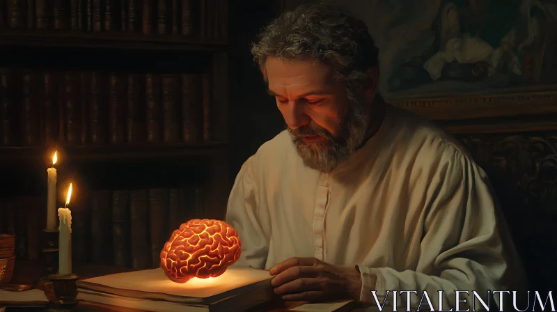 AI ART Man Contemplates Glowing Brain by Candlelight