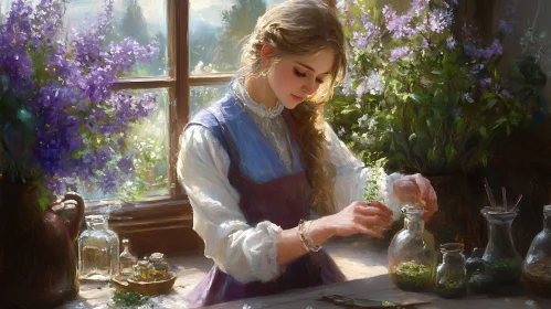 Woman Arranging Flowers in Bottles Painting