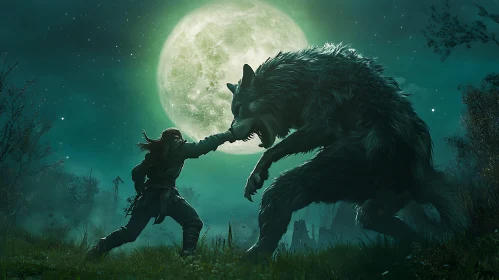 Moonlit Confrontation: Warrior and the Beast