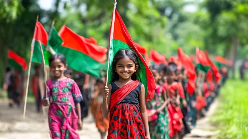 Procession of Children Waving Flags AI Image