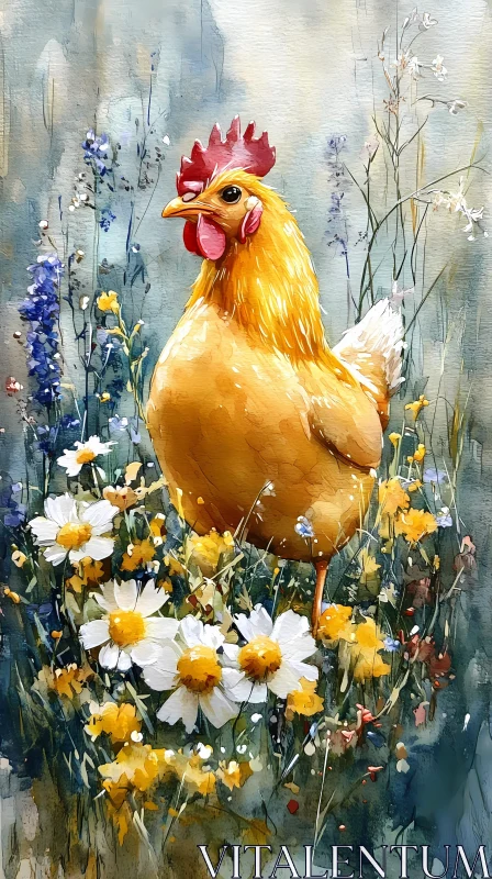 Hen Surrounded by Daisies AI Image