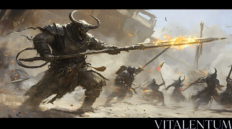 AI ART Horned Warrior with Fiery Spear