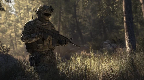 Armed Soldier in Woodland Ambush