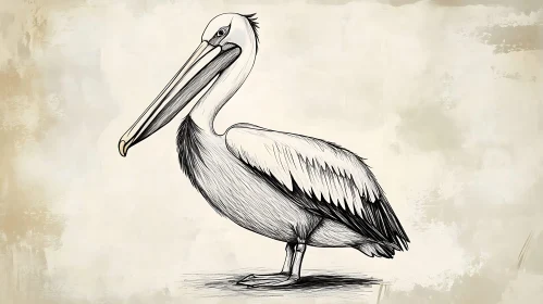 Monochrome Pelican Illustration on Textured Background