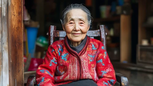 Smiling Elderly Woman in Red Patterned Top