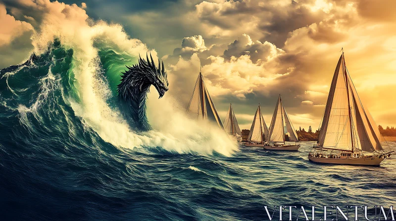 Mythical Sea Serpent Wave Art AI Image