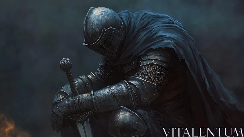 AI ART Medieval Knight Kneeling in Reflection